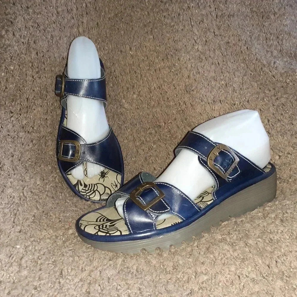 FLY LONDON-ETAN-Navy Blue Leather Slide Sandals - Picture 1 of 7